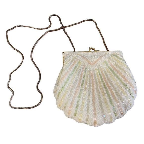 Antique Vintage 1950s Pearl Beaded Seashell Fancy Gold Chain Clutch Purse - Picture 8 of 11